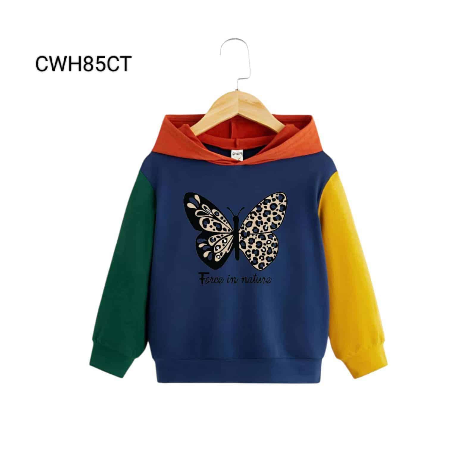 Colorful children's hoodie with butterfly graphic and "Focus in nature" text, ideal for kids' casual wear.