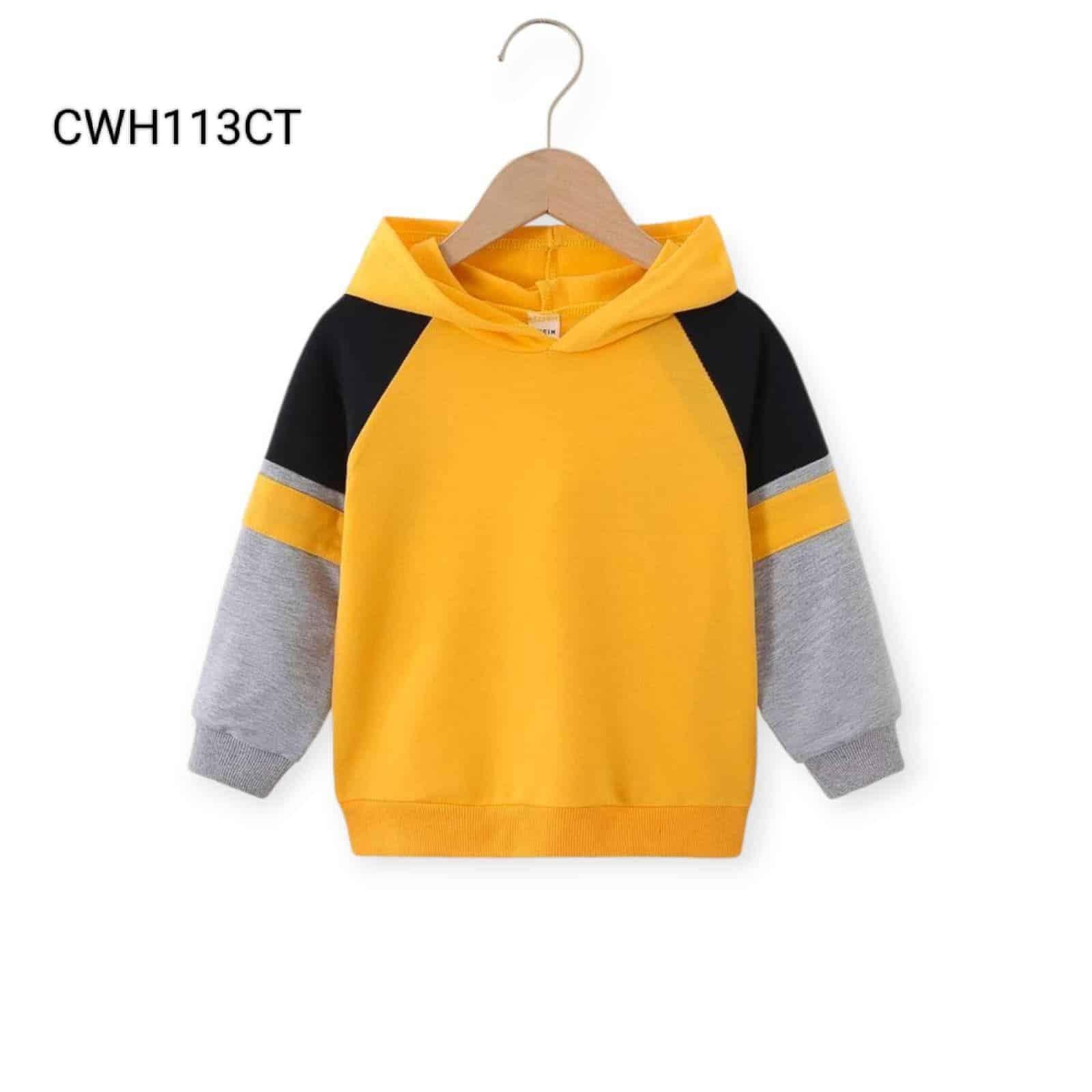 Yellow and gray kids' hoodie with black accents, perfect for casual wear and outdoor activities.